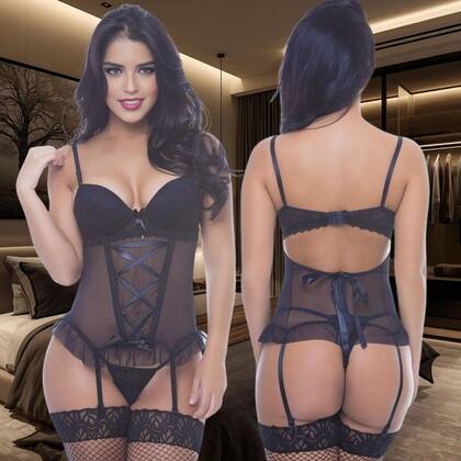 Imagem de Espartilho Completo Preto Em Tule e Renda Com Bojo Aberto Lingerie Sexy Sensual Carol