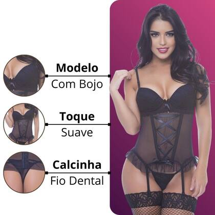 Imagem de Espartilho Completo Preto Em Tule e Renda Com Bojo Aberto Lingerie Sexy Sensual Carol