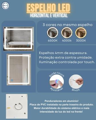 Imagem de Espelho 4mm Led 80x60 cm LED 3 CORES Botão Touch Luz Ajustável Dimerizável retangulo quadrado luz frontal iluminado 60x80
