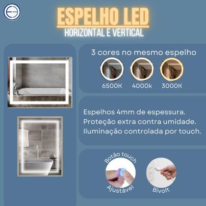 Imagem de Espelho Banheiro Led 3 cores 80x70 horizontal ou 70x80 vertical retangular Bivolt 80 x 70 Touch Luz tecla touch Ajustável iluminado