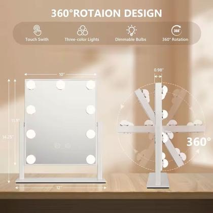 Imagem de Espelho Camarim Grande LED 12 Lampadas Brilho Ajustavel 3 Tons Rotaçao 360 Graus Penteado Maquiagem Bancada Penteadeira Banheiro Mesa