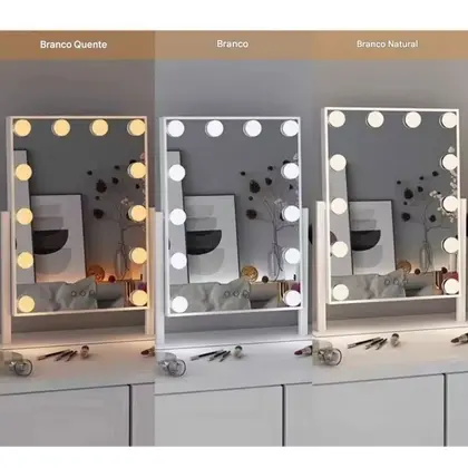 Imagem de Espelho Camarim Grande LED 12 Lampadas Brilho Ajustavel 3 Tons Rotaçao 360 Graus Penteado Maquiagem Bancada Penteadeira Banheiro Mesa
