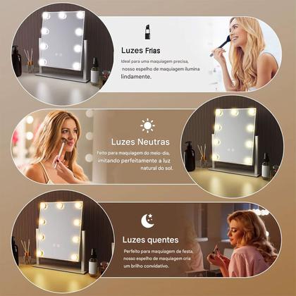 Imagem de Espelho Camarim Grande LED 12 Lampadas Brilho Ajustavel 3 Tons Rotaçao 360 Graus Penteado Maquiagem Bancada Penteadeira Banheiro Mesa