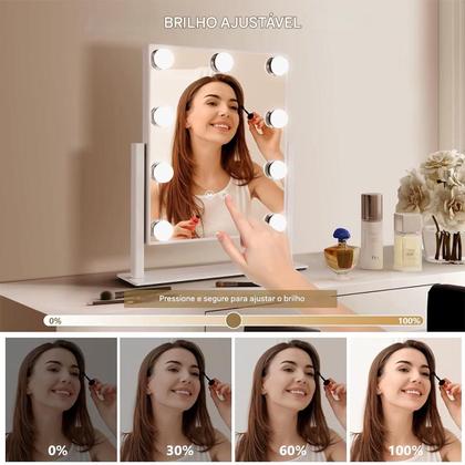 Imagem de Espelho Camarim Grande LED 12 Lampadas Brilho Ajustavel 3 Tons Rotaçao 360 Graus Penteado Maquiagem Bancada Penteadeira Banheiro Mesa