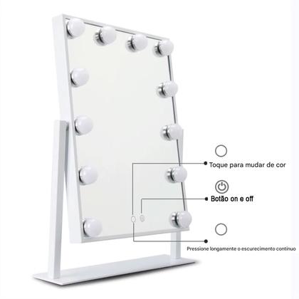 Imagem de Espelho Camarim Grande LED 12 Lampadas Brilho Ajustavel 3 Tons Rotaçao 360 Graus Penteado Maquiagem Bancada Penteadeira Banheiro Mesa