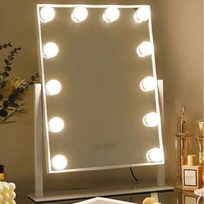 Imagem de Espelho Camarim Grande LED 12 Lampadas Brilho Ajustavel 3 Tons Rotaçao 360 Graus Penteado Maquiagem Bancada Penteadeira Banheiro Mesa