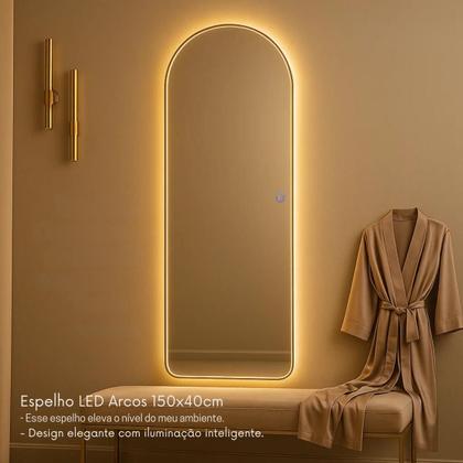 Imagem de Espelho Com led 150x40 Retangular Arqueado Grande Corpo Inteiro Decoração com LED touch Luz fria e Luz quente