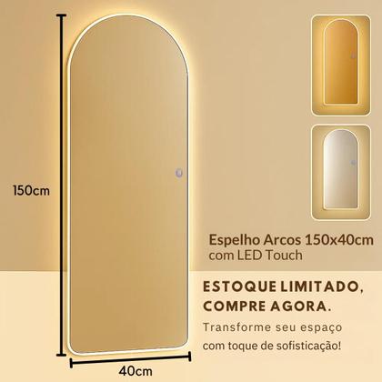 Imagem de Espelho Com led 150x40 Retangular Arqueado Grande Corpo Inteiro Decoração com LED touch Luz fria e Luz quente