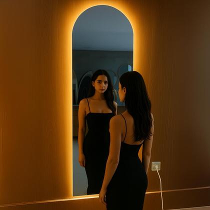 Imagem de Espelho Com led 150x40 Retangular Arqueado Grande Corpo Inteiro Decoração com LED touch Luz fria e Luz quente