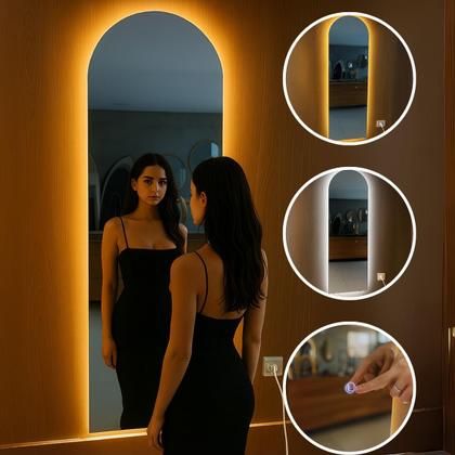 Imagem de Espelho Com led 150x40 Retangular Arqueado Grande Corpo Inteiro Decoração com LED touch Luz fria e Luz quente
