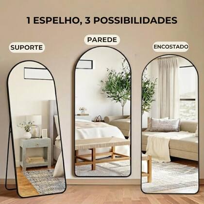 Imagem de Espelho De Corpo Inteiro Arqueado 150x60cm Vidro Moldura Aluminio E Base De Chão e Parede