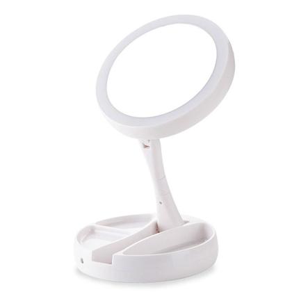 Imagem de Espelho de maquiagem dobrável com carregador usb, ou por bateria, led, branco, cosmético, com luz, aumento 10x