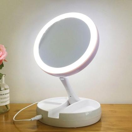 Imagem de Espelho de maquiagem dobrável com carregador usb, ou por bateria, led, branco, cosmético, com luz, aumento 10x