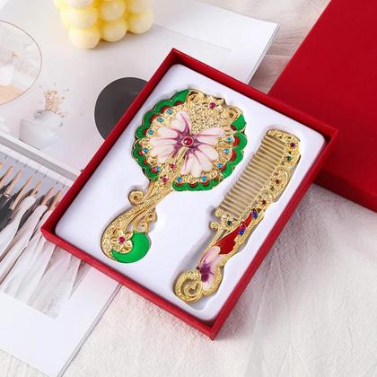 Imagem de Espelho De Maquilhagem E Pente Com Design De Pavão, Formato Redondo, Metal Em Relevo Com Strass,