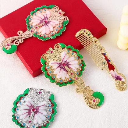 Imagem de Espelho De Maquilhagem E Pente Com Design De Pavão, Formato Redondo, Metal Em Relevo Com Strass,