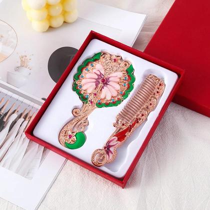 Imagem de Espelho De Maquilhagem E Pente Com Design De Pavão, Formato Redondo, Metal Em Relevo Com Strass,