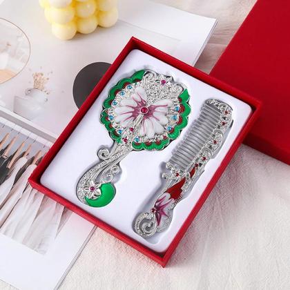 Imagem de Espelho De Maquilhagem E Pente Com Design De Pavão, Formato Redondo, Metal Em Relevo Com Strass,