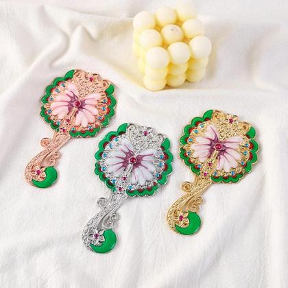 Imagem de Espelho De Maquilhagem E Pente Com Design De Pavão, Formato Redondo, Metal Em Relevo Com Strass,