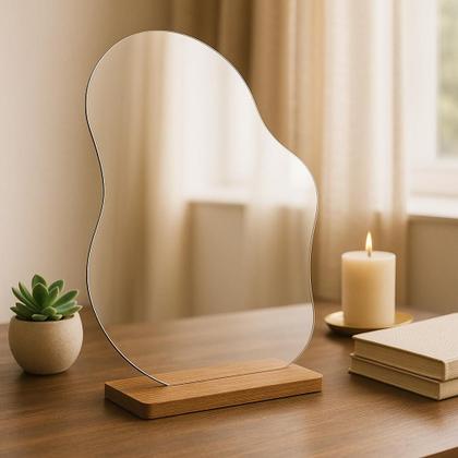 Imagem de Espelho De Mesa Maquiagem Decorativo Com Suporte De Madeira