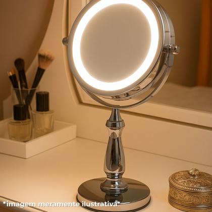 Imagem de Espelho de Mesa Metal Cromado com Luz de Led e Dupla Face Aumento 5x Maquiagem Penteadeira Uny Home