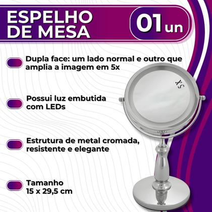 Imagem de Espelho de Mesa Metal Cromado com Luz de Led e Dupla Face Aumento 5x Maquiagem Penteadeira Uny Home