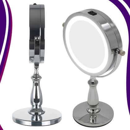 Imagem de Espelho de Mesa Metal Cromado com Luz de Led e Dupla Face Aumento 5x Maquiagem Penteadeira Uny Home