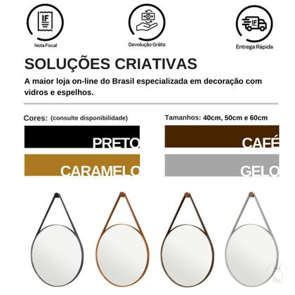 Imagem de Espelho Decorativo Sala Alça Em Couro 60cm + Suporte Pino