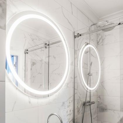 Imagem de Espelho Decorativo Vidro Redondo Lapidado Led Banheiro 40cm Com Fonte Acompanha Dupla Fita Dupla Face Para Decoração