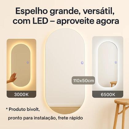 Imagem de Espelho Grande 110x40cm Corpo Inteiro para Quarto Sala Banheiro com LED Touch Bivolt  3 Cores Quente Neutra Fria Vidro 3mm Sem Moldura LOPAZZI
