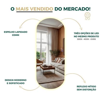 Imagem de Espelho Grande 110x40cm Corpo Inteiro para Quarto Sala Banheiro com LED Touch Bivolt  3 Cores Quente Neutra Fria Vidro 3mm Sem Moldura LOPAZZI