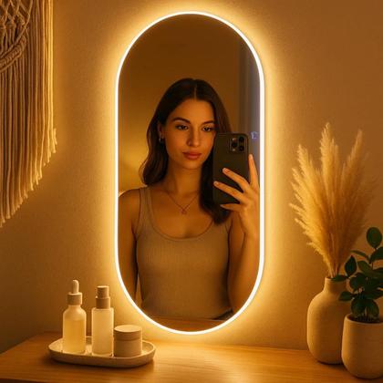 Imagem de Espelho Grande 110x40cm Corpo Inteiro para Quarto Sala Banheiro com LED Touch Bivolt  3 Cores Quente Neutra Fria Vidro 3mm Sem Moldura LOPAZZI