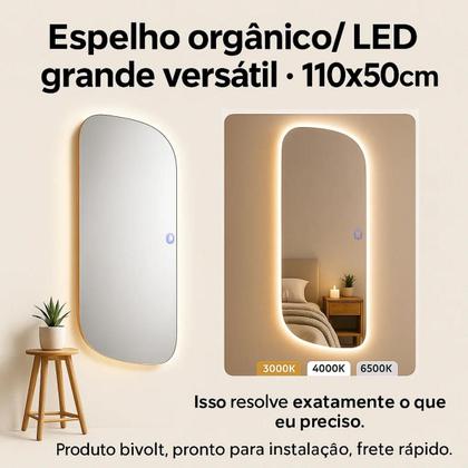 Imagem de Espelho Grande 110x40cm Corpo Inteiro para Quarto Sala Banheiro com LED Touch Bivolt  3 Cores Quente Neutra Fria Vidro 3mm Sem Moldura LOPAZZI