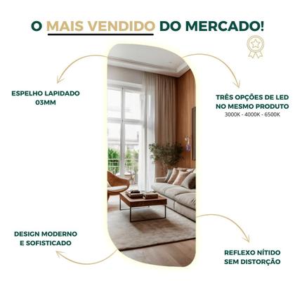 Imagem de Espelho Grande 110x40cm Corpo Inteiro para Quarto Sala Banheiro com LED Touch Bivolt  3 Cores Quente Neutra Fria Vidro 3mm Sem Moldura LOPAZZI