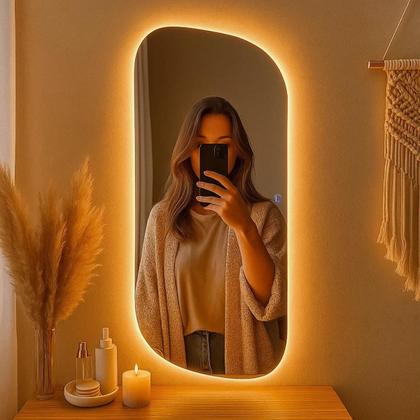 Imagem de Espelho Grande 110x40cm Corpo Inteiro para Quarto Sala Banheiro com LED Touch Bivolt  3 Cores Quente Neutra Fria Vidro 3mm Sem Moldura LOPAZZI