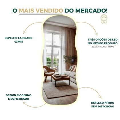 Imagem de Espelho Grande 150x40cm Corpo Inteiro para Quarto Sala com LED Touch Bivolt  3 Cores Quente Neutra Fria Vidro 3mm Sem Moldura LOPAZZI