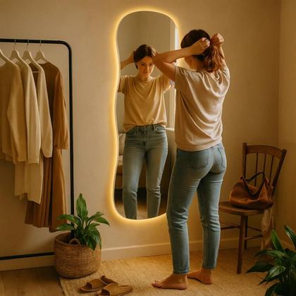 Imagem de Espelho Grande 150x40cm Corpo Inteiro para Quarto Sala com LED Touch Bivolt  3 Cores Quente Neutra Fria Vidro 3mm Sem Moldura LOPAZZI