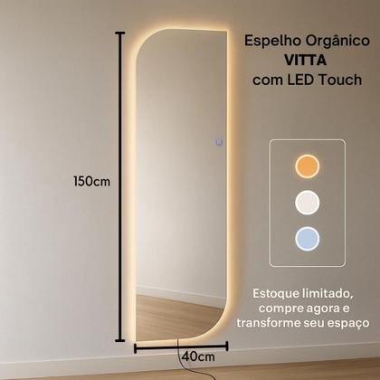 Imagem de Espelho Grande 150x40cm Corpo Inteiro para Quarto Sala com LED Touch Bivolt  3 Cores Quente Neutra Fria Vidro 3mm Sem Moldura LOPAZZI