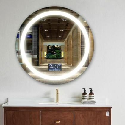 Imagem de Espelho Led 3 cores 80cm inteligente toca musica com desembaçador led caixas de som interativo visor com hora