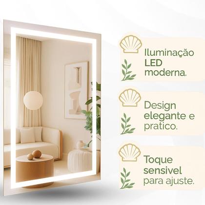 Imagem de Espelho LED Retangular Jateado 3 Cores Touch Screen Camarim Maquiagem