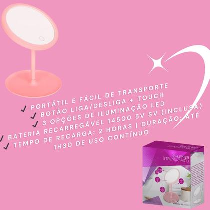 Imagem de Espelho Maquiagem Iluminado Led Touch 3 Níveis De Luz Recarregável Usb