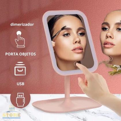 Imagem de Espelho Maquiagem LED Recarregável 3 Cores de Luzes Touch Linear Ajustável Base Porta Jóias