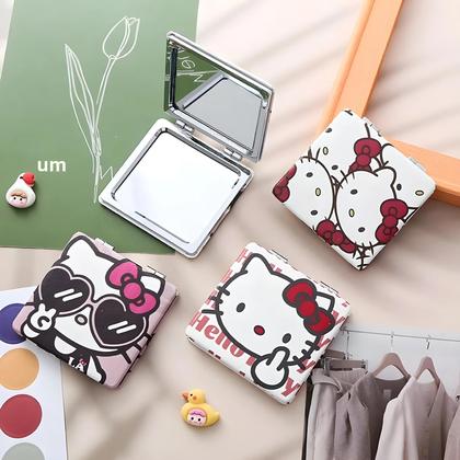 Imagem de Espelho Mini Dobrável De Couro PU Hello Kitty Dupla Face Com Moldura Em Coração Kawaii Presente