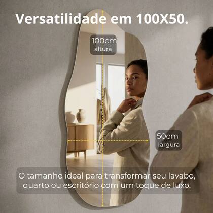 Imagem de Espelho Orgânico 100x50 Lapidado com Suporte Decorativo Parede Sala Quarto Banheiro