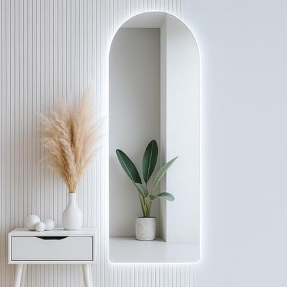 Imagem de Espelho Oval Grande 150x40cm com LED Luz Quente Fria Base Reta Corpo Inteiro Bivolt Design Moderno Banheiro Quarto Sala