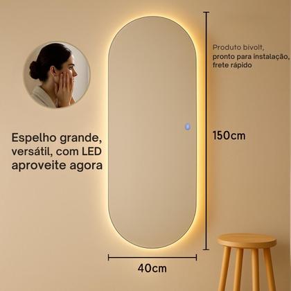 Imagem de Espelho Oval Grande 150x40cm com LED Luz Quente Fria Base Reta Corpo Inteiro Bivolt Design Moderno Banheiro Quarto Sala