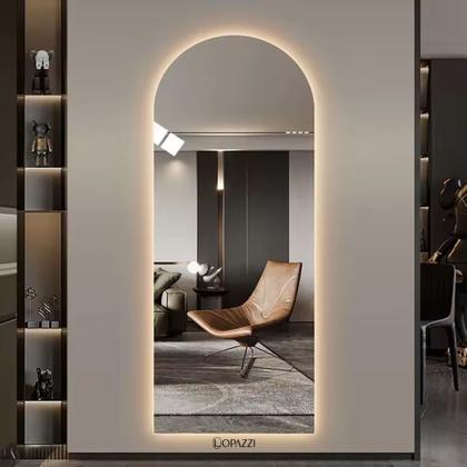 Imagem de Espelho Oval Grande 150x40cm com LED Luz Quente Fria Base Reta Corpo Inteiro Bivolt Design Moderno Banheiro Quarto Sala