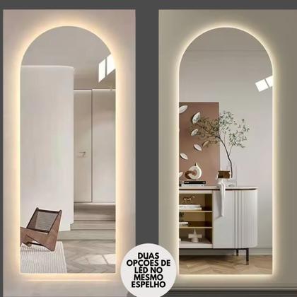 Imagem de Espelho Oval Grande 150x40cm com LED Luz Quente Fria Base Reta Corpo Inteiro Bivolt Design Moderno Banheiro Quarto Sala