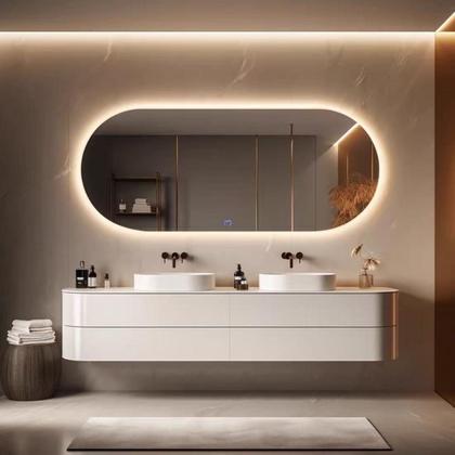 Imagem de Espelho Oval Grande 150x40cm com LED Luz Quente Fria Base Reta Corpo Inteiro Bivolt Design Moderno Banheiro Quarto Sala