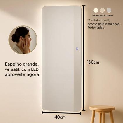 Imagem de Espelho Pinterest LED 3 Cores Touch Retangular Corpo inteiro 150x40cm Sala Quarto Hall Banheiro