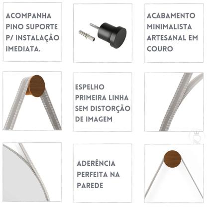 Imagem de Espelho Redondo De Mesa Alça Em Couro 60cm C/ Pino Suporte